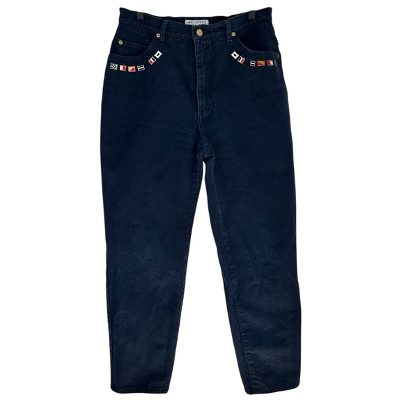 ST. JOHN Signature High Waist Navy Blue Denim Jean Flag Detail Pants 14